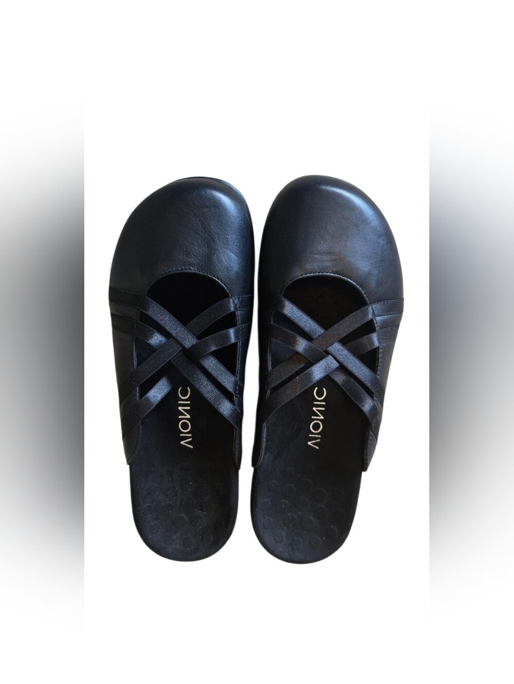 Vionic Claire Black Leather Crisscross Mules Size 10